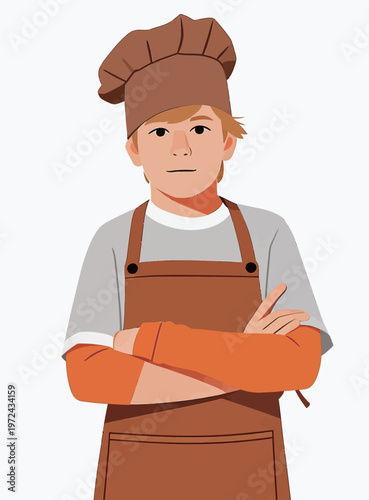 Young chef standing with arms crossed in a kitchen setting during a cooking class for children in a school