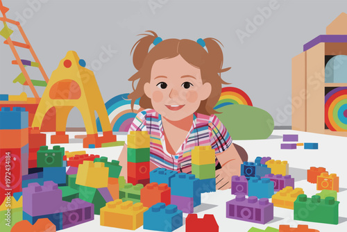 Child plays with colorful building blocks in a bright playroom with toys on the floor and shelves