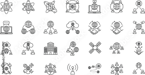 Artificial intelligence and global technology line icon set featuring neural networks, cloud computing, data connections, satellites and digital communication systems