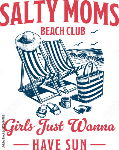 Salty Moms Beach Club vintage coastal typography illustration with deck chairs sun hat tote bag sandals sunglasses and seaside waves for summer vacation apparel graphic