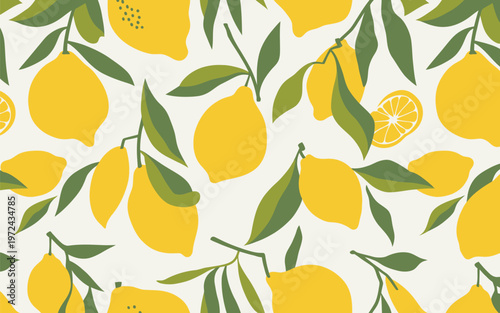 Minimalist lemon fruit pattern with green foliage for kitchen decor and fabric design.