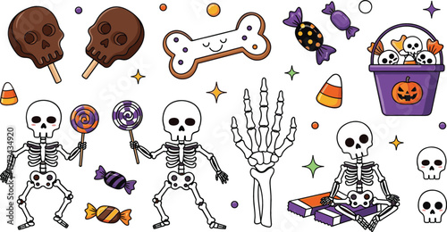Cute Halloween skeleton and candy vector set featuring dancing skeletons, spooky skull treats, lollipops, candy bucket, bones and festive trick or treat elements