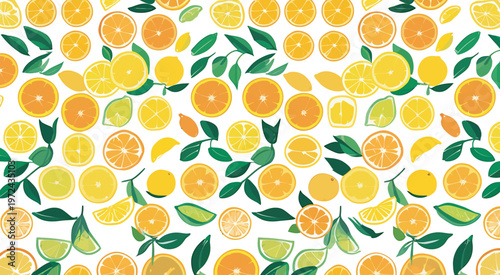 Seamless pattern with fresh oranges and lemons citrus slices and leaves vector illustration.