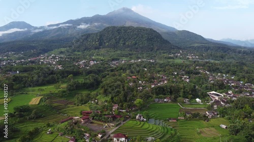 Aerial view of Mount Welirang with terraced rice fields, rural village settlement, and green valley landscape in East Java, Indonesia