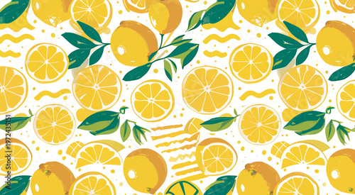 Seamless pattern with fresh lemons and leaves vector illustration design for summer.