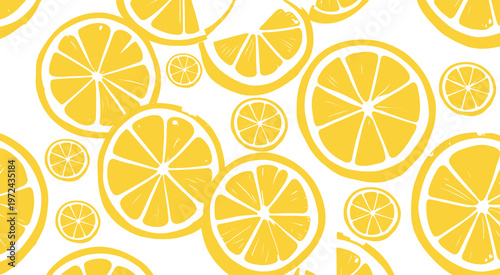 Seamless pattern of yellow lemon slices and citrus fruits on white background.