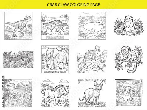 Diverse animal and prehistoric dinosaur line art collection for professional coloring book pages and artistic creative projects