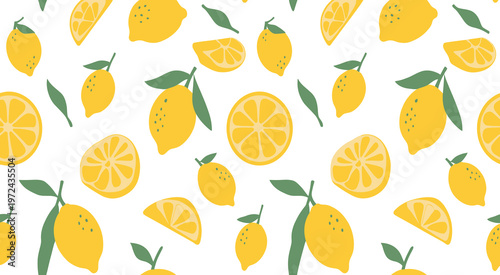 Seamless pattern with fresh lemons and green leaves on white background for summer design.