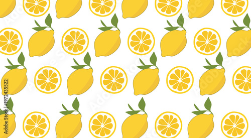 Seamless pattern with fresh lemons and slices on white background for summer fruit design.