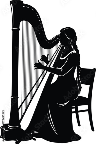 Silhouette of a woman with long hair playing a classical harp while sitting on a chair for music performance concept