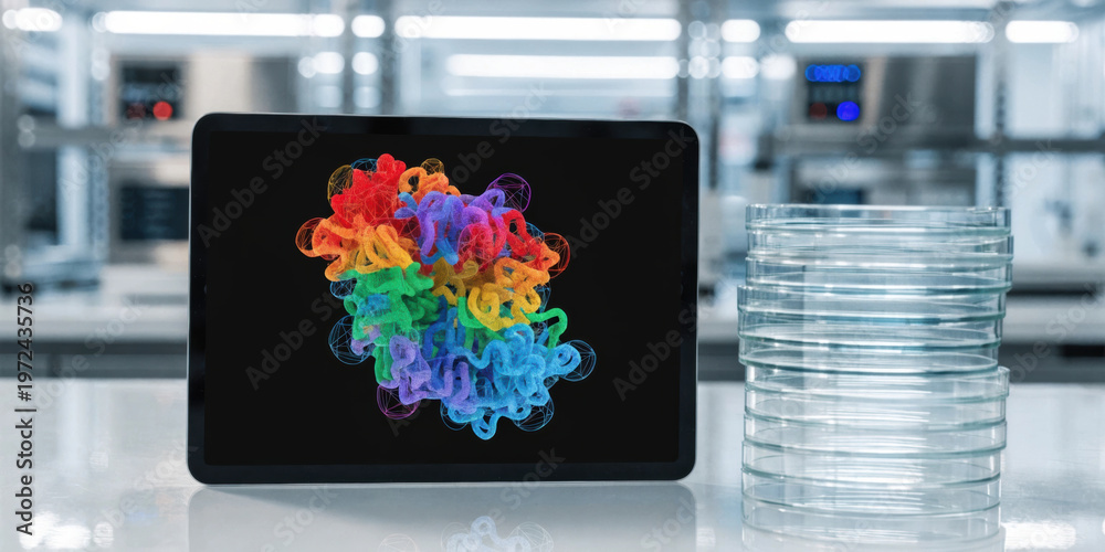 Fototapeta premium Vibrant molecular model pharmaceutical technology displayed on tablet in laboratory