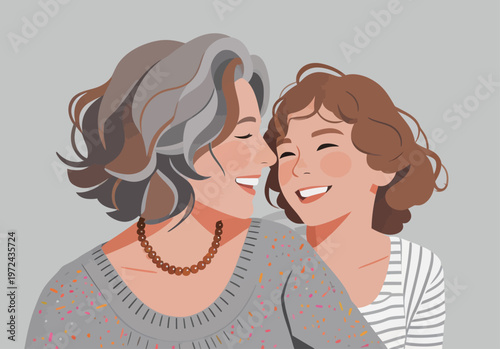 Two people smiling together in a casual setting during a joyful moment shared between a grandmother and her granddaughter