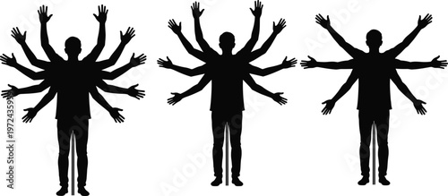 Silhouette of man with multiple arms as symbol for multitasking productivity efficiency busy professional person or Hindu deity mythological figure