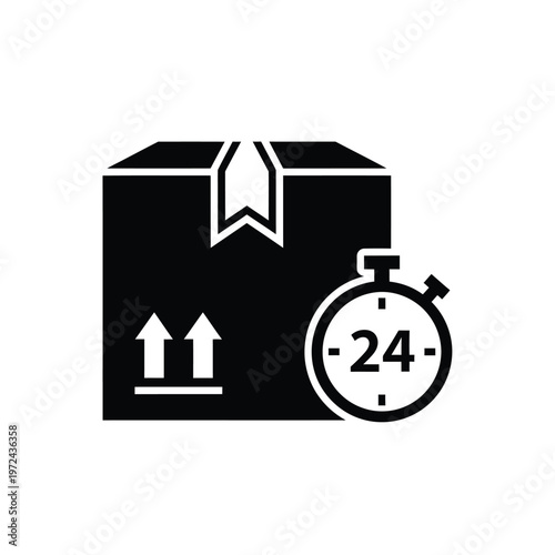 A black outline depicts a cardboard box with up arrows a ribbon and a 24 hour stopwatch