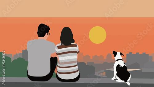 Couple sits together with dog at sunset overlooking city skyline