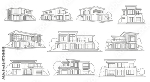 Modern house architectural line drawings.
