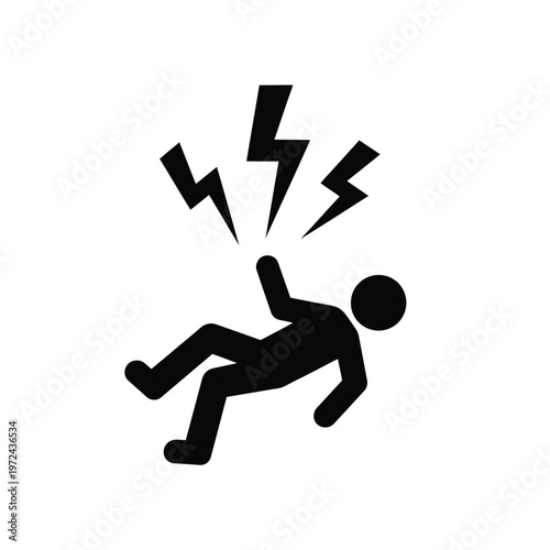 A stylized black silhouette of a person struck by lightning representing danger and electrical shock high quality