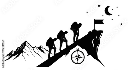 Silhouetted hikers ascend mountain peak towards flag under night sky