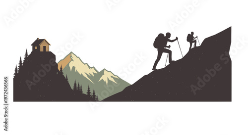 Silhouette of hikers ascending mountain path with cabin and peaks vector