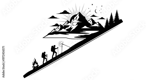 Silhouette of hikers ascending a mountain towards sun and night sky