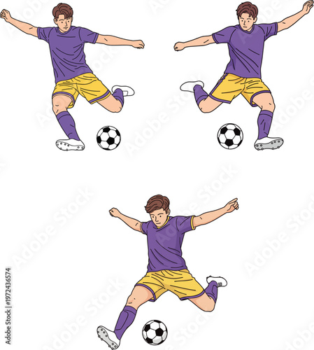 Professional Soccer Player Character Set Kicking Ball Action Poses Male Athlete in Football Uniform for Sports Competition and Training Vector