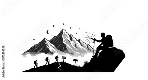 Silhouette of hikers ascending mountain with stars and moon decorative elements