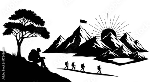Silhouette of hikers ascending mountain with flag and sunburst illustration