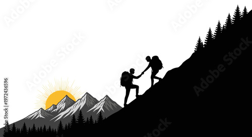 Silhouette of hikers climbing mountain towards sunrise illustration