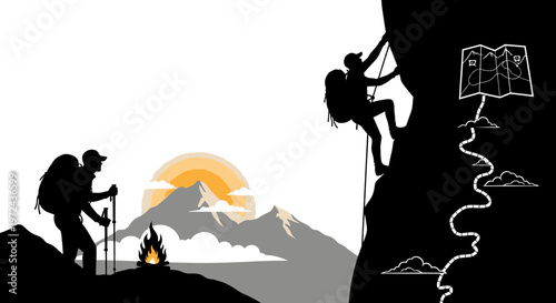 Silhouette of hikers climbing mountain and exploring route map adventure concept