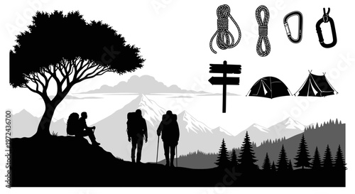 Silhouette of hikers tree mountains and camping equipment on white background