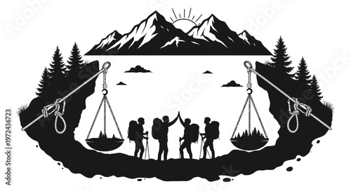 Silhouette of hikers with mountains and nature elements in balance