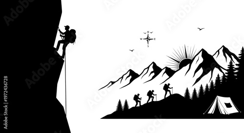 Silhouette of mountain climbers and hikers with compass and tent