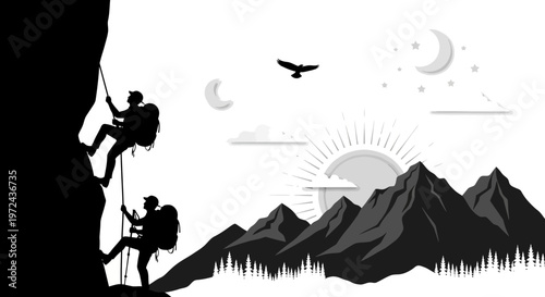 Silhouette of mountain climbers ascending a rocky cliff with nature elements