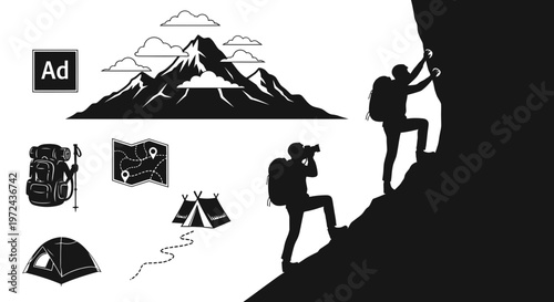 Silhouette of mountain climbers and hiking elements on a white background
