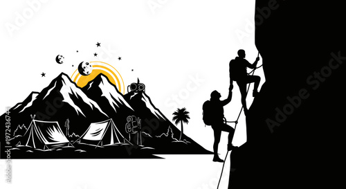 Silhouette of mountain climbers ascending rock face with camping elements