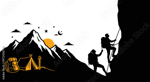 Silhouette of mountain climbers ascending rocky cliff near campsite with mountains