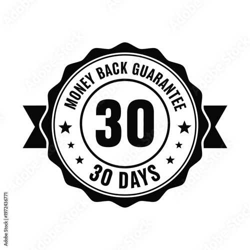 A black and white circular badge proclaims a 30 day money back guarantee with star accents