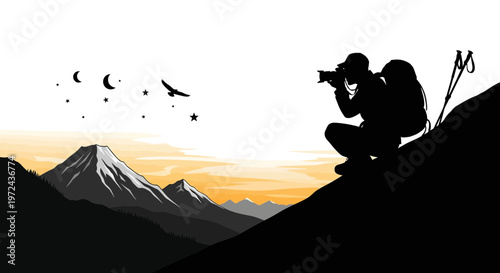 Silhouette of photographer capturing mountain landscape under starry night