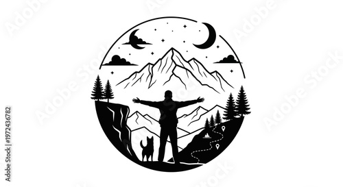 Silhouette of person with open arms facing mountain landscape artwork