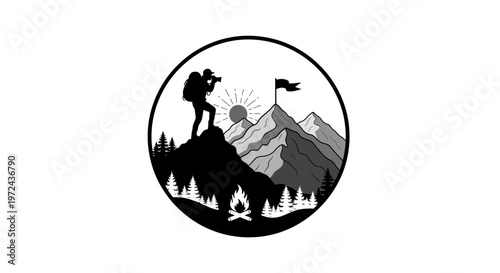 Silhouette of photographer on mountain with flag and rising sun symbol