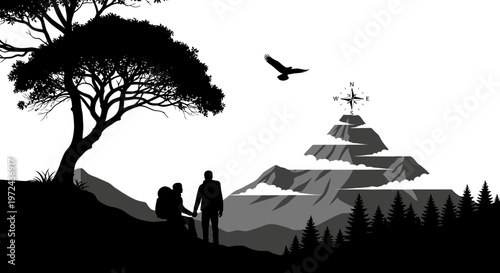 Silhouetted hikers admiring mountain landscape with compass and soaring bird