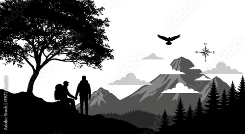 Silhouetted hikers admiring mountain vista with compass and trees