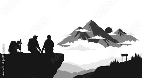Silhouetted hikers admiring mountain view with sun vector illustration