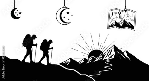 Silhouetted hikers and landscape elements for outdoor adventure concepts