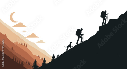 Silhouetted hikers and dog ascending mountain against landscape background