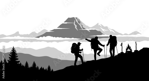 Silhouetted hikers ascend a mountain path against scenic landscape backdrop