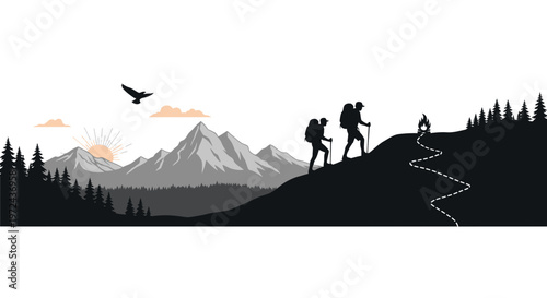 Silhouetted hikers ascend a mountain path toward the sun vector illustration
