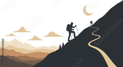 Silhouetted hikers ascend a mountain path under a crescent moon vector illustration