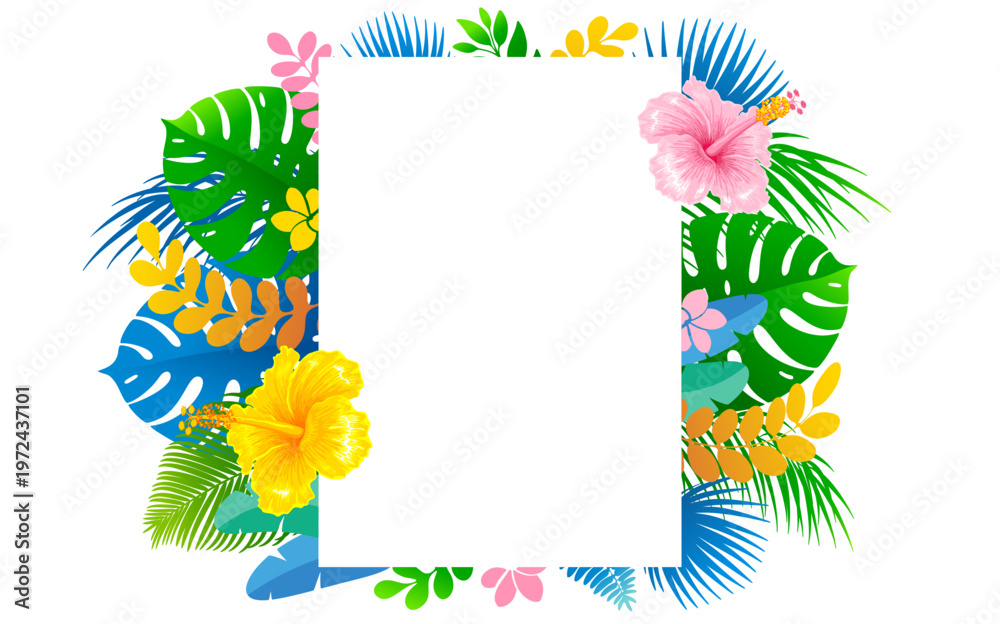 Fototapeta premium Frame with tropical leaves and flowers. Background with hibiscus flowers and tropical leaves of monstera, palm, banana and other. Border with exotic plants. Vector illustration