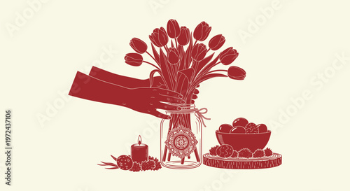 Easter Spring Still Life with Tulip Bouquet in Jar Hands Arranging Flowers and Traditional Eggs